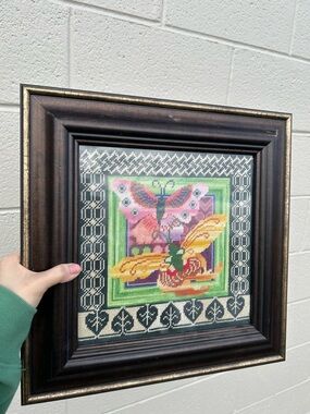 Vintage unique Framed Colorful Butterfly & Bee Needlepoint